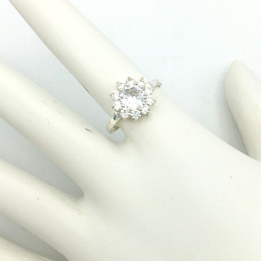 BEE sterling silver CZ ring - sz 6.25 cubic zirconia cocktail halo bright shiny